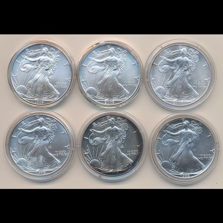 Silver Eagle 1992-2009, 6 forskjellige UNC i kapsel