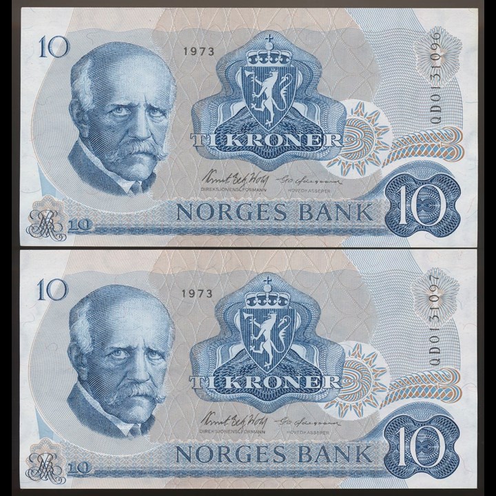 10 Kroner 1973 QD Erstatningssedler, 2 Stk i nummerrekkefølge Kv 0-