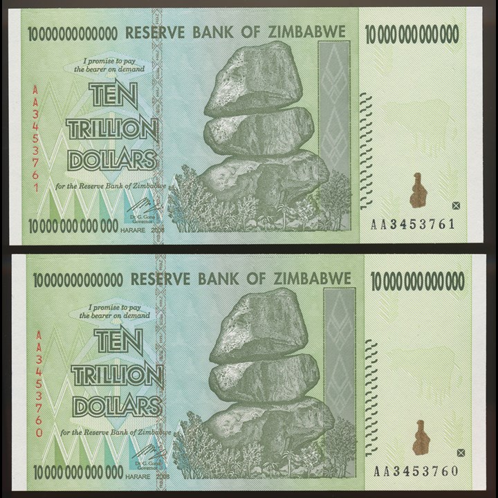 Zimbabwe 10 Trillion Dollars 2008 AA-prefix, 2 Concecutive notes UNC