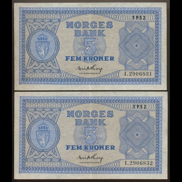 5 Kroner 1952 I, 2 Stk i nummerrekkefølge Kv 01