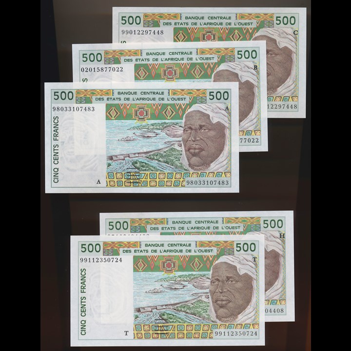 West-African States 5 different 500 Francs 1992-2002 UNC