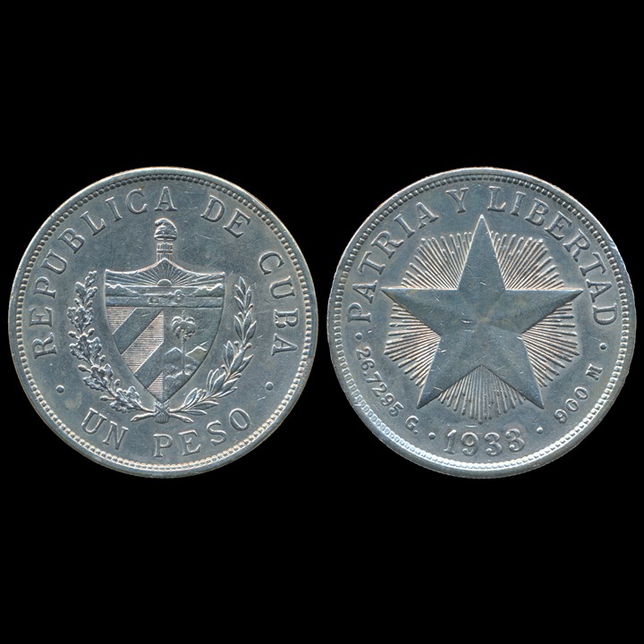 Cuba 1 Peso 1933 XF, cleaned