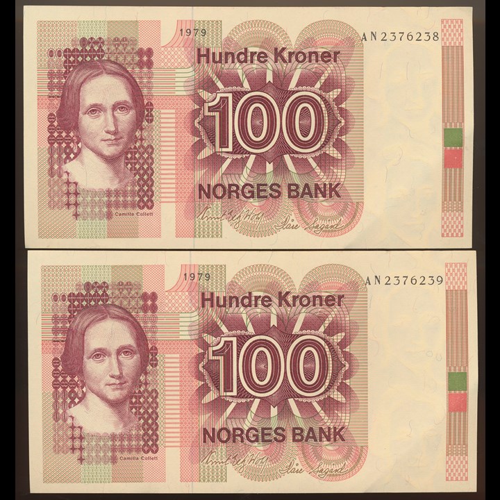 100 Kroner 1979 AN, 2 Stk i Nummerrekkefølge Kv 0/01