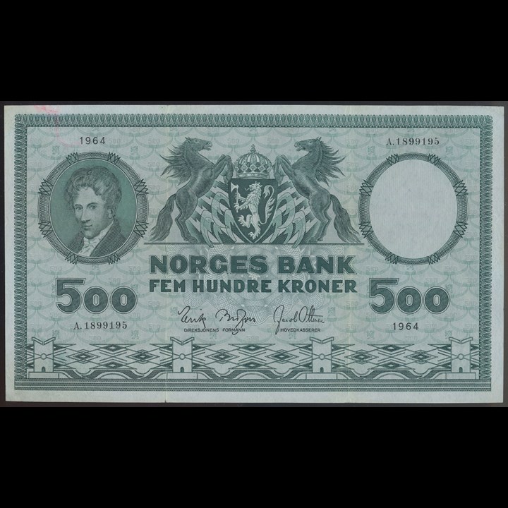 500 Kroner 1964 A Kv 1+/01, mikrorift i midtbrett og minimal rosa fargesmitte
