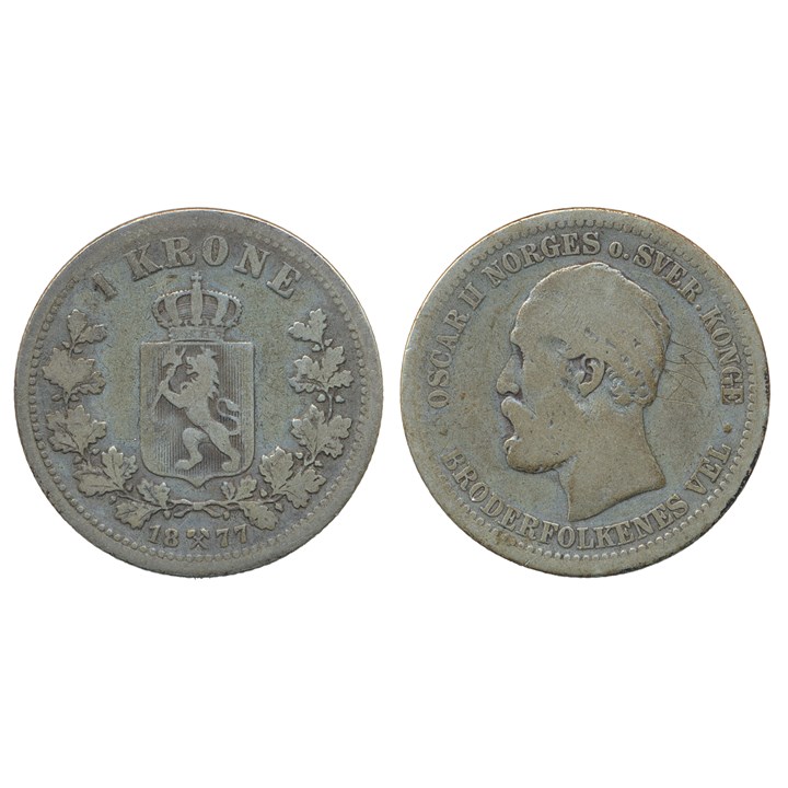 1 Krone 1877 Kv 1-, med riper
