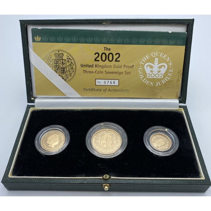 The Queens Golden Jubilee 3-coin Sovereign set 2002 Proof