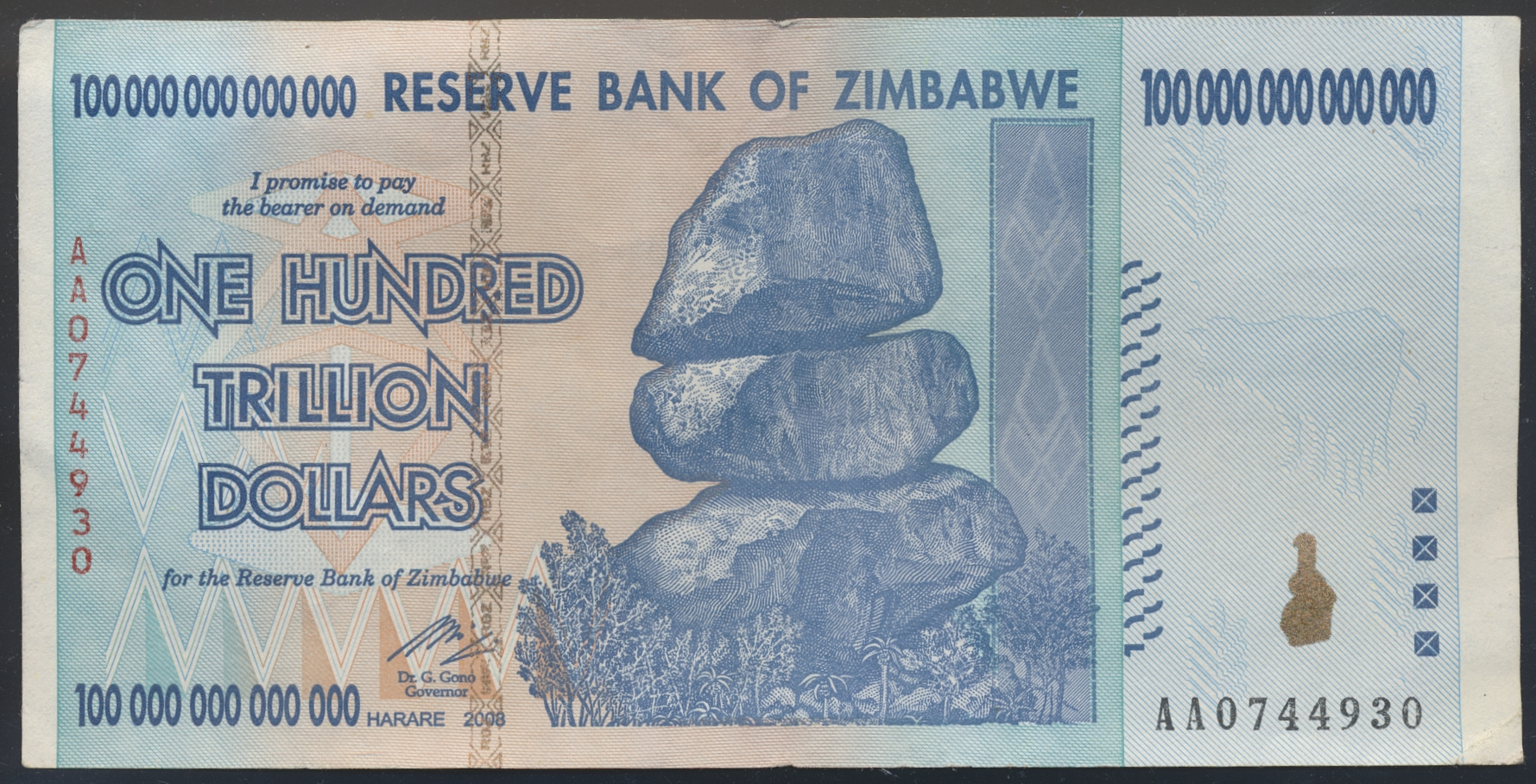 AUG26-2866 Zimbabwe 100 Trillion Dollars 2008 Hyperinflasjon Kv: 1