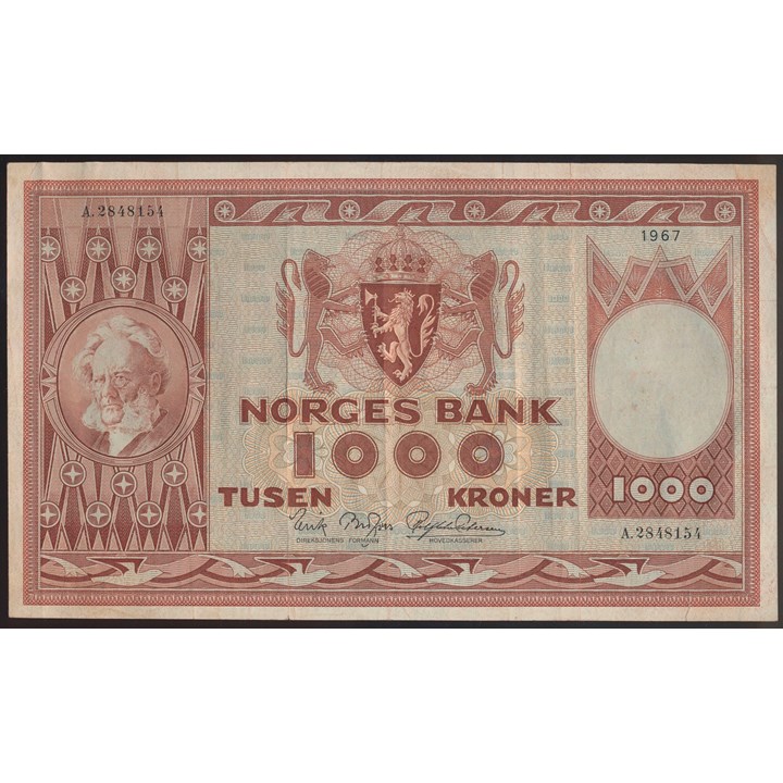 1000 Kroner 1967 A Kv 1/1+, to minimale margrifter
