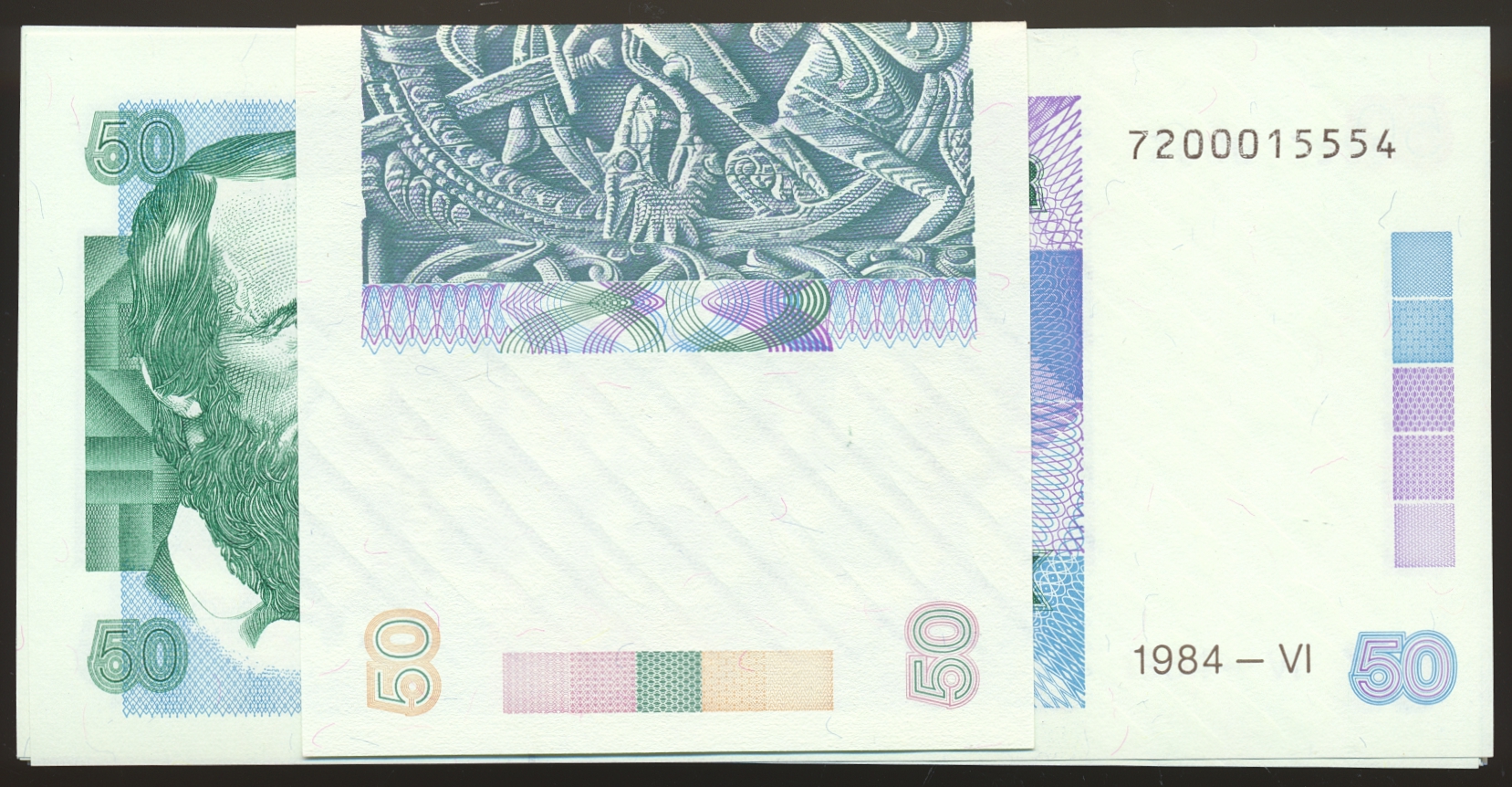 Legg med 50 Kroner 1984, 9 Stk Kv 0, leggseddel Kv 01