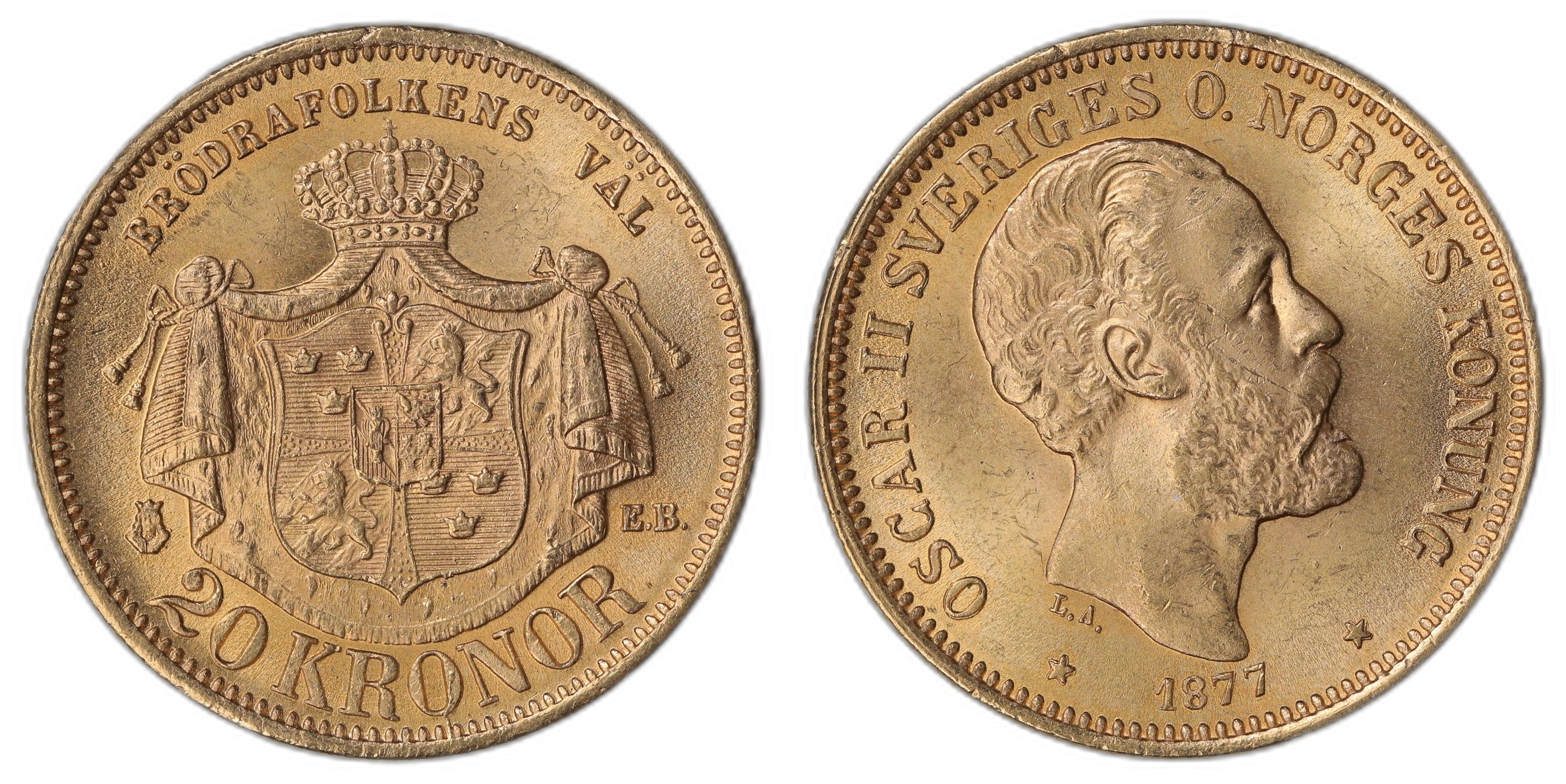 Sweden 20 Kronor 1877 8.08 gr fine Kv: 0/01 (UNC)