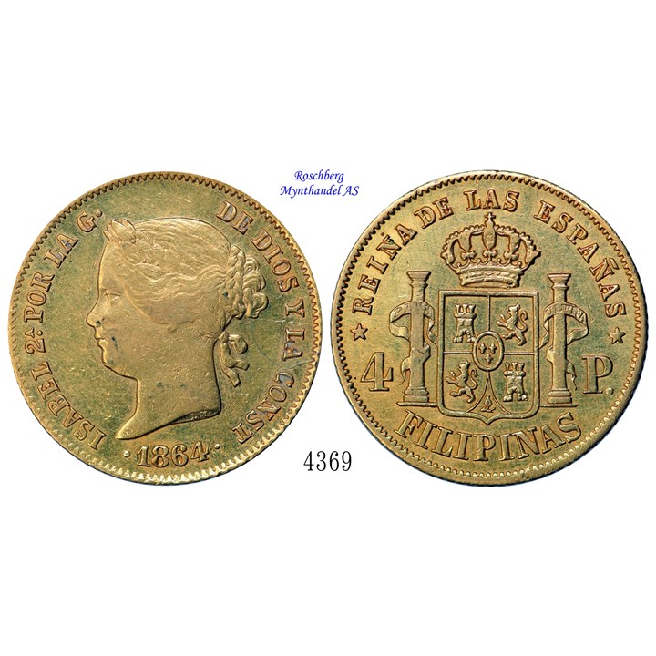 Spanish Philippines 4 Pesos 1864 AU, cleaned