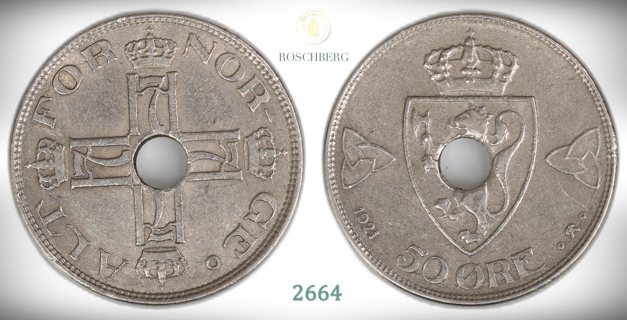 Norge 50 Øre 1921 Med Hull Kv: g1+