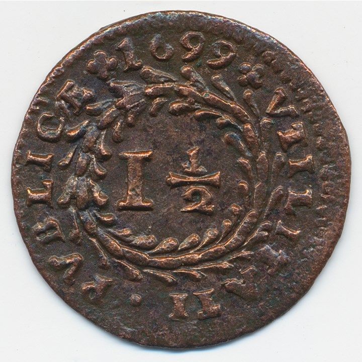 Portugal 1 1/2 Reis 1699 XF, cleaned