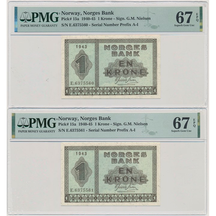 1 Krone 1943 E PMG 67 EPQ 2 Stk i Nummerrekkefølge