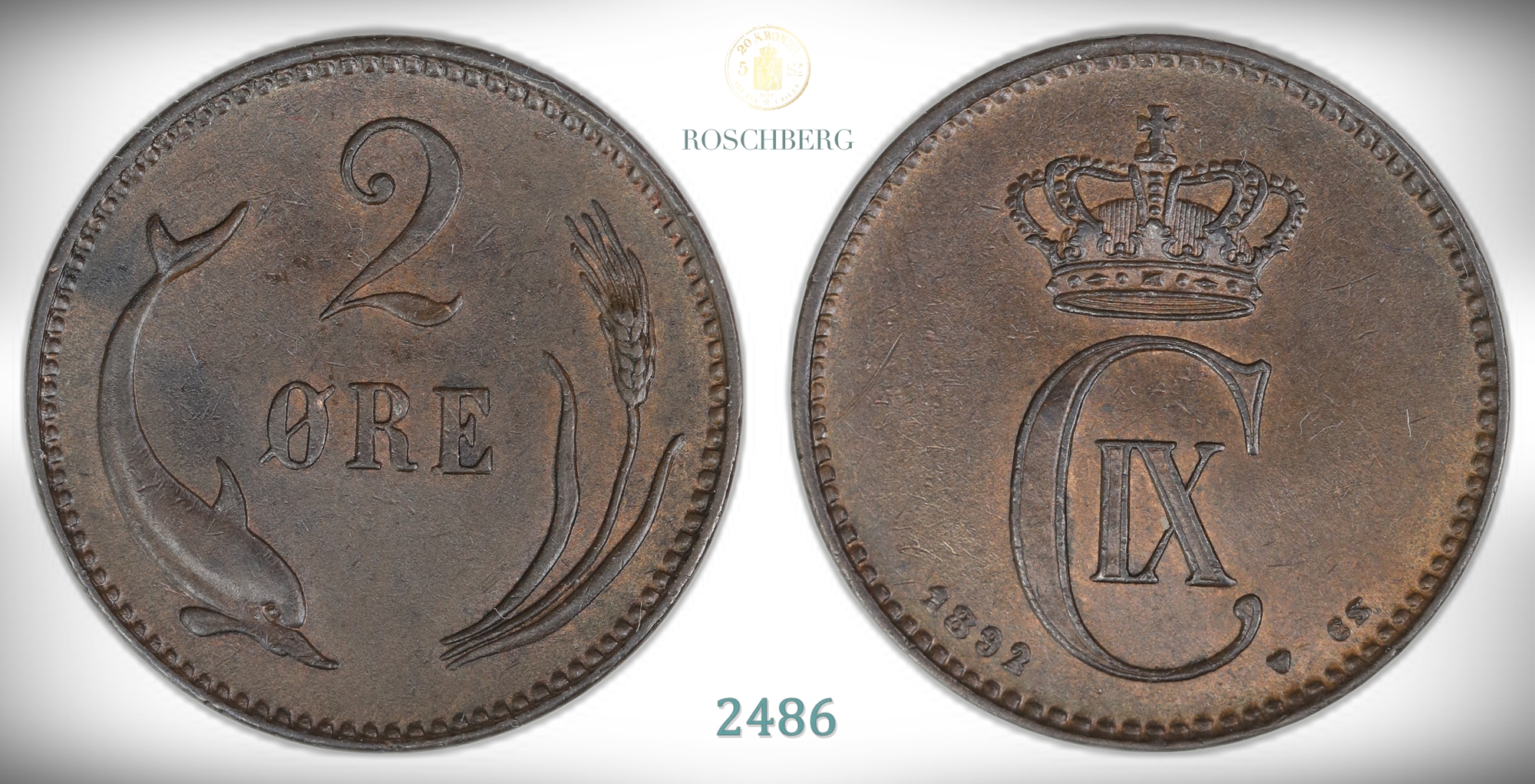 Danmark 2 Øre 1892  Kv: 1+/01