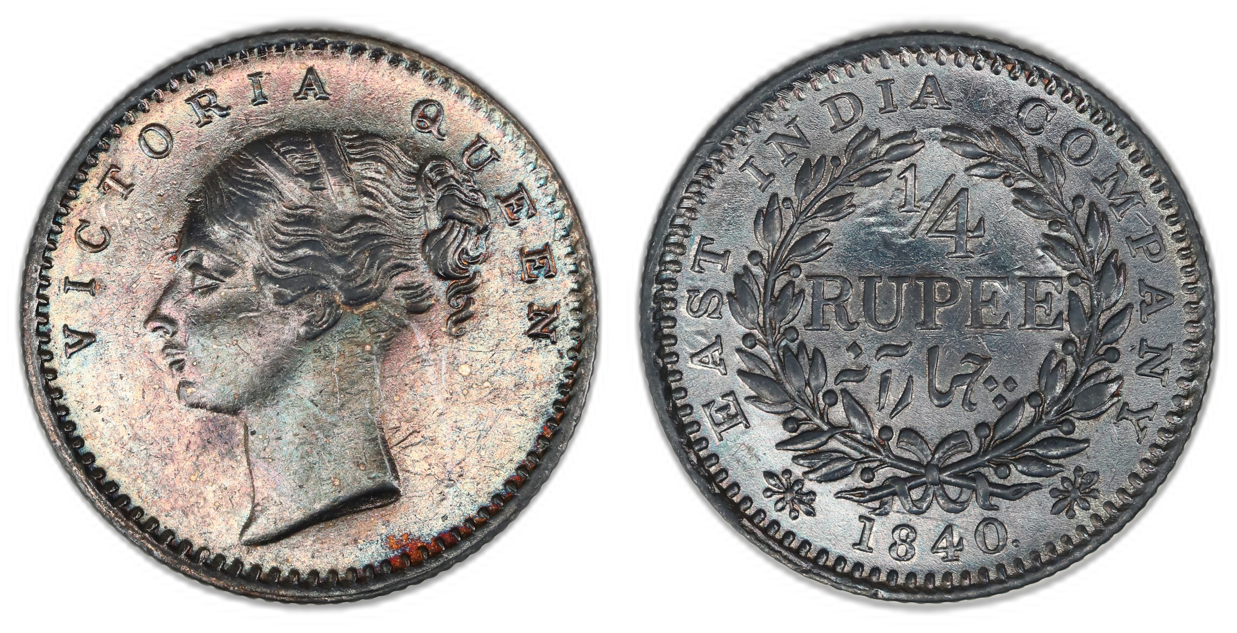 India 1/4 Rupee 1840  Kv: UNC, Cleaned