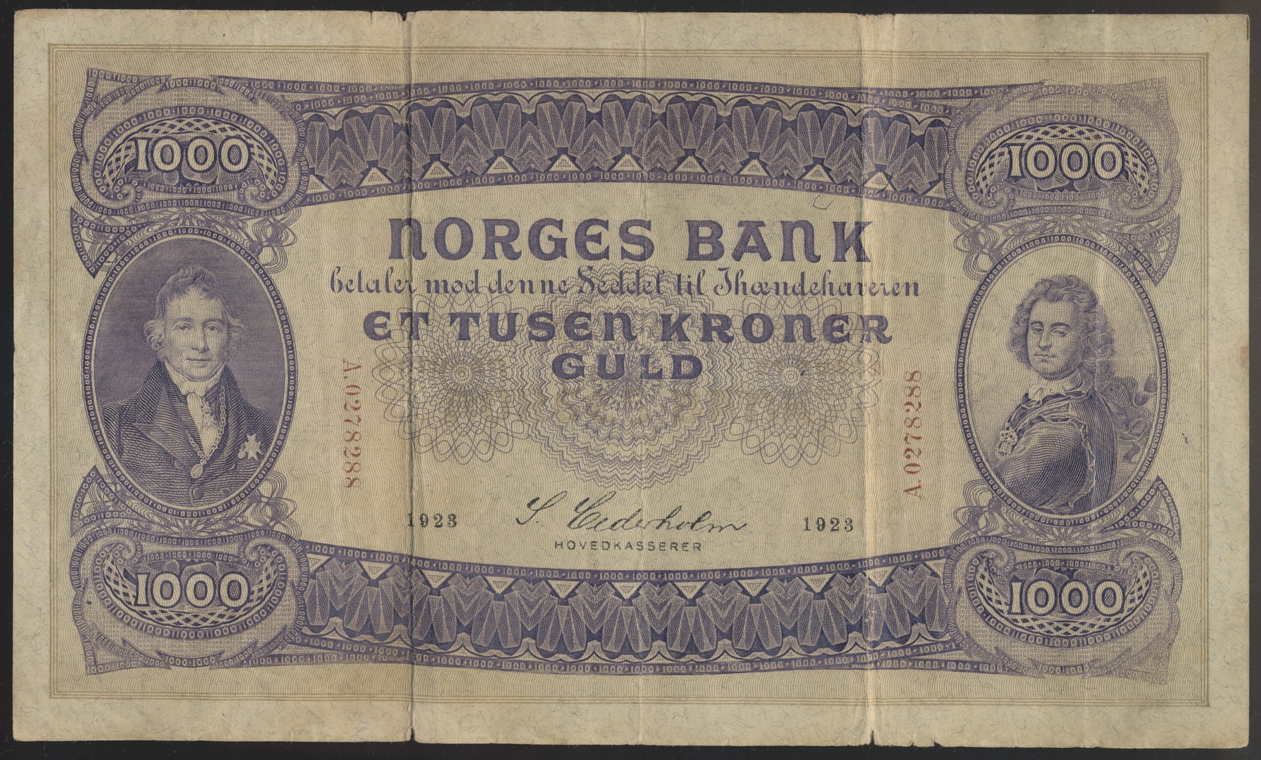 AUG26-2911 Norge 1000 Kroner 1923 A  Kv: 1-/2