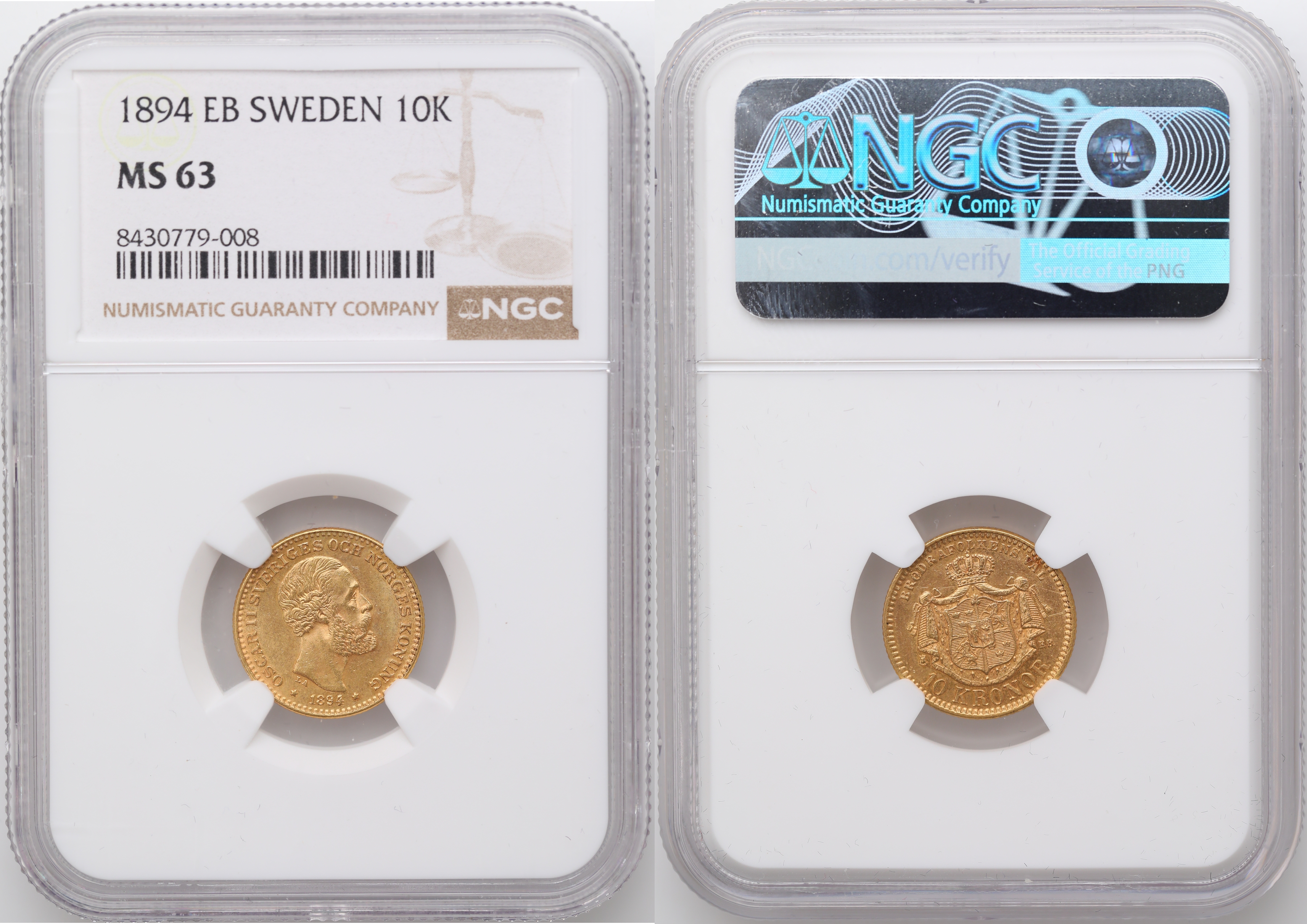 Sverige 10 Kronor 1894  Kv: NGC MS63