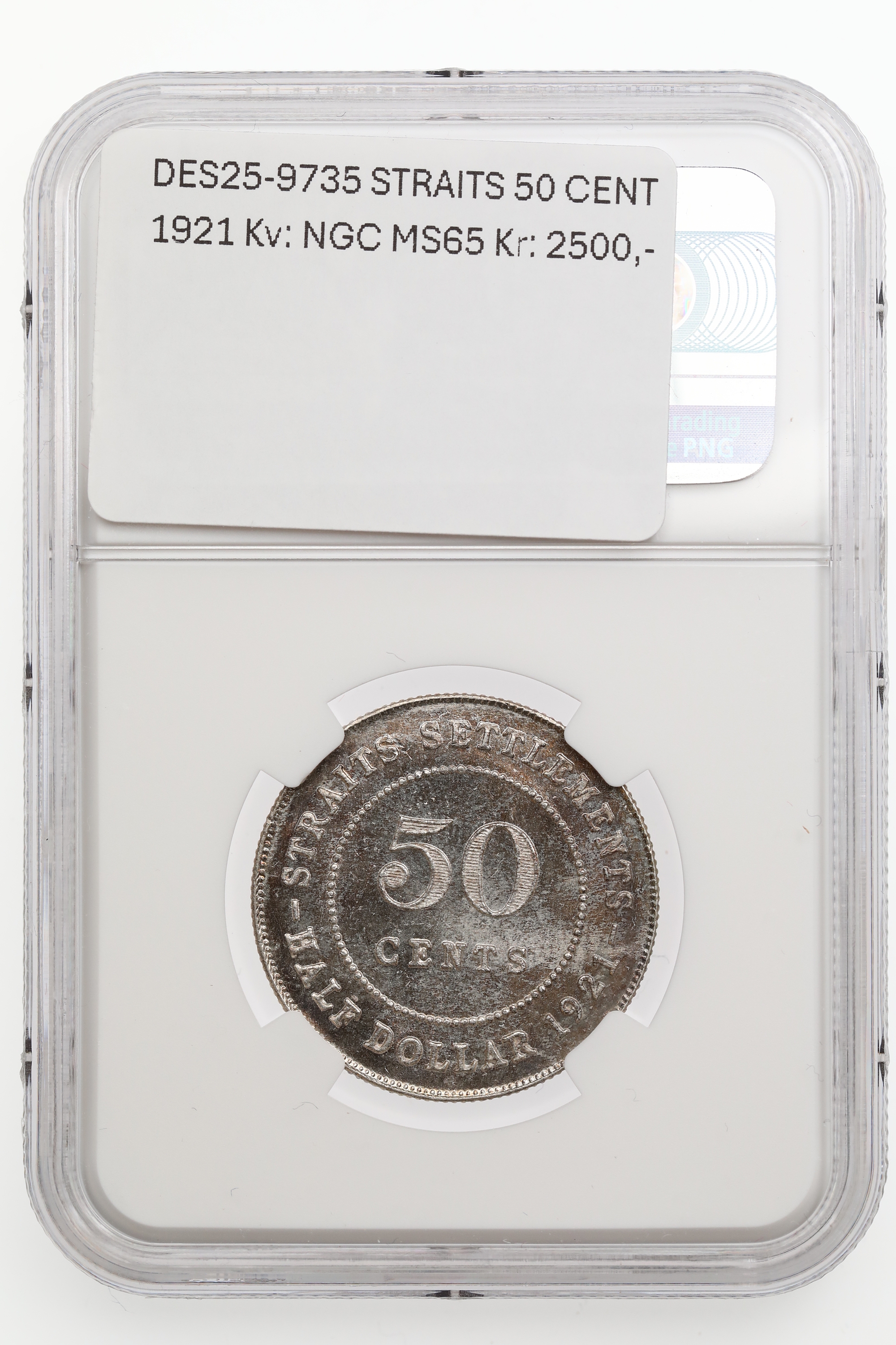 STRAITS 50 CENT 1921 Kv: NGC MS65