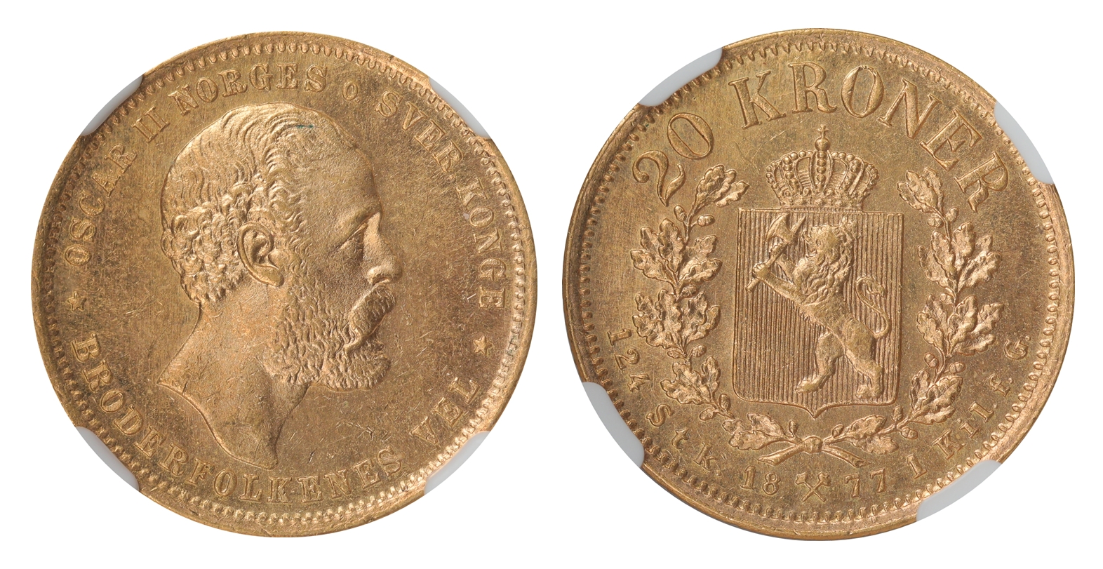 Norge 20 Kroner 1877 Kv: NGC MS64