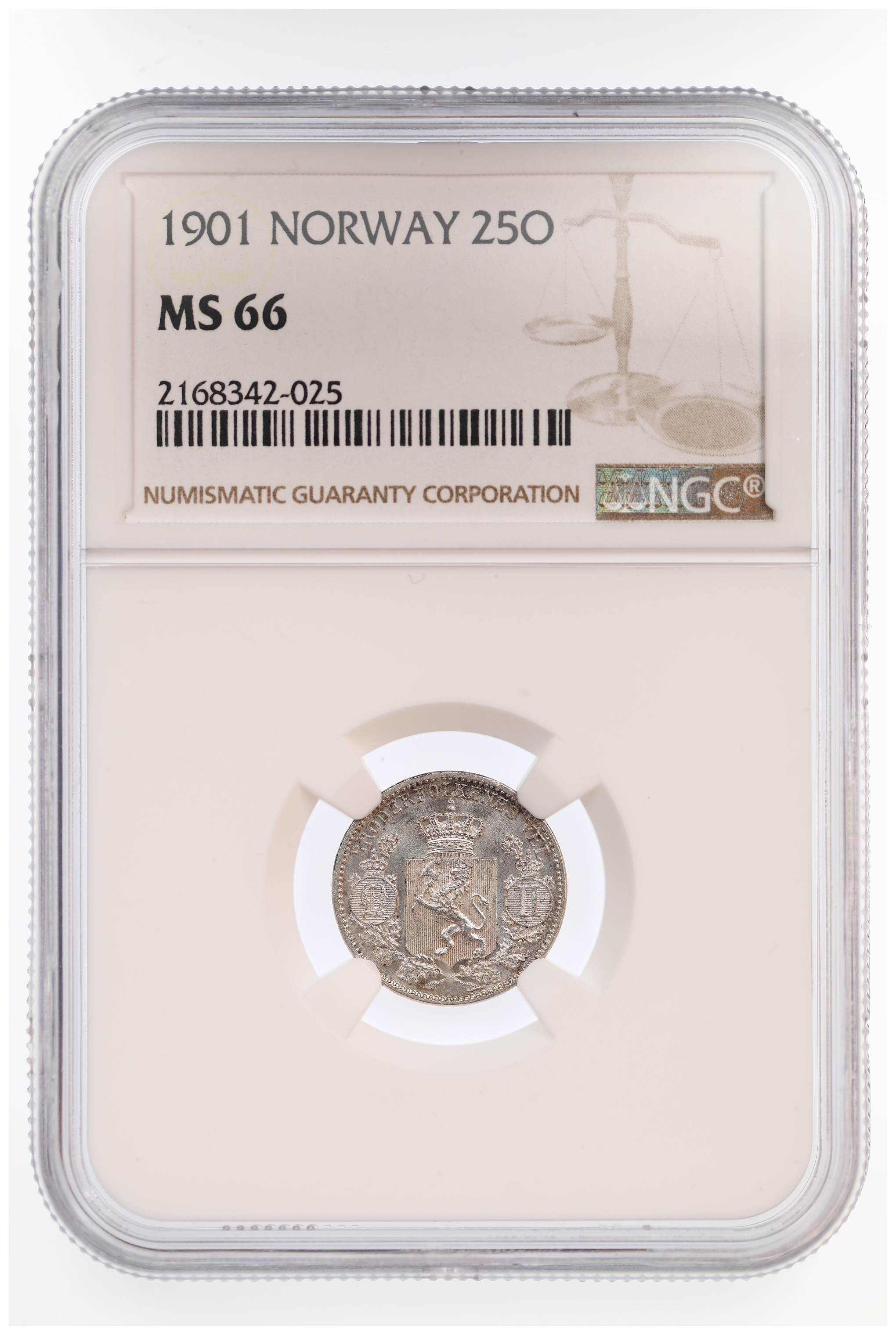 Norge 25 Øre 1901 Kv: NGC MS66