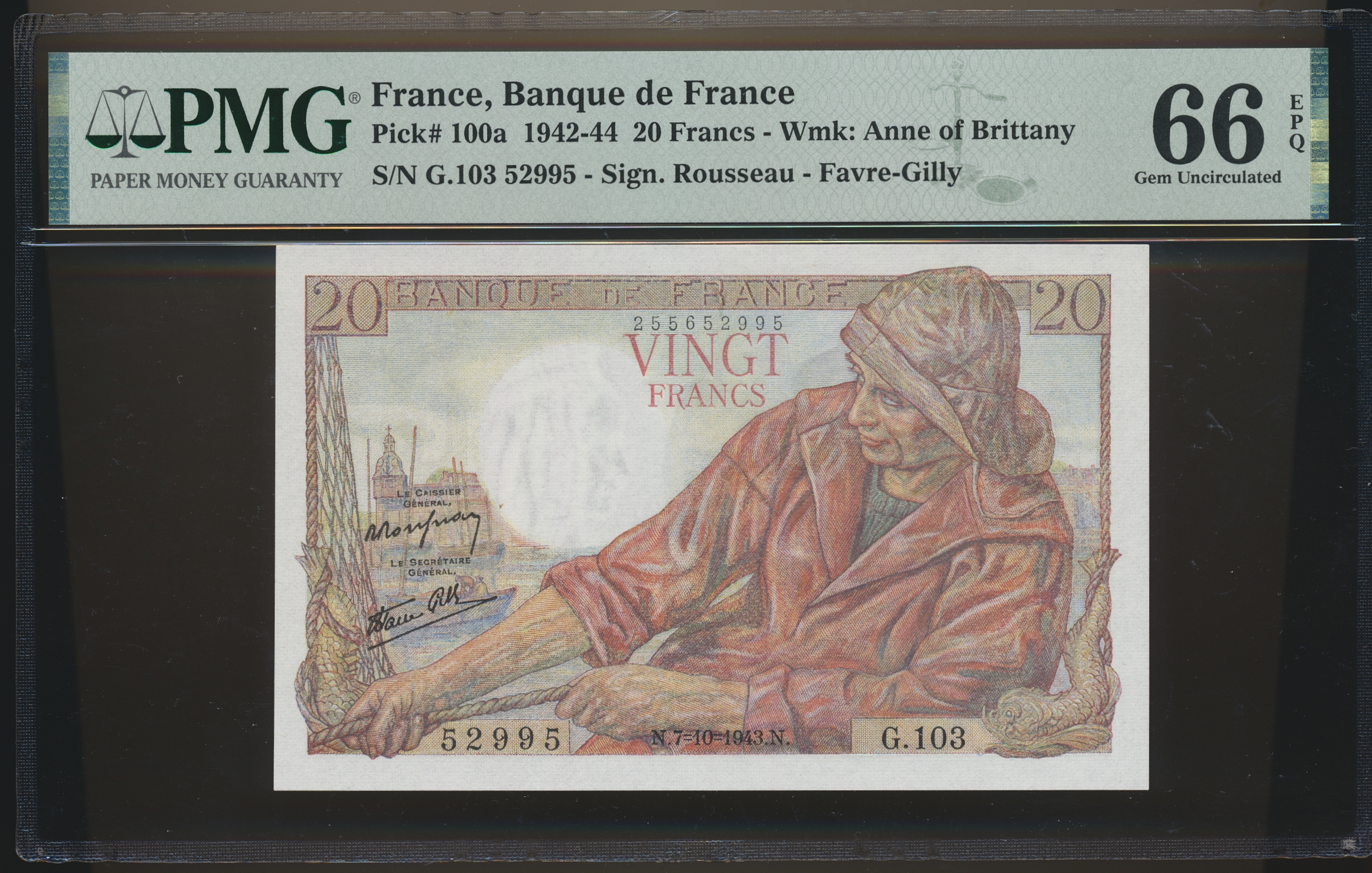 Frankrike 20 Francs 1943 PMG 66 EPQ