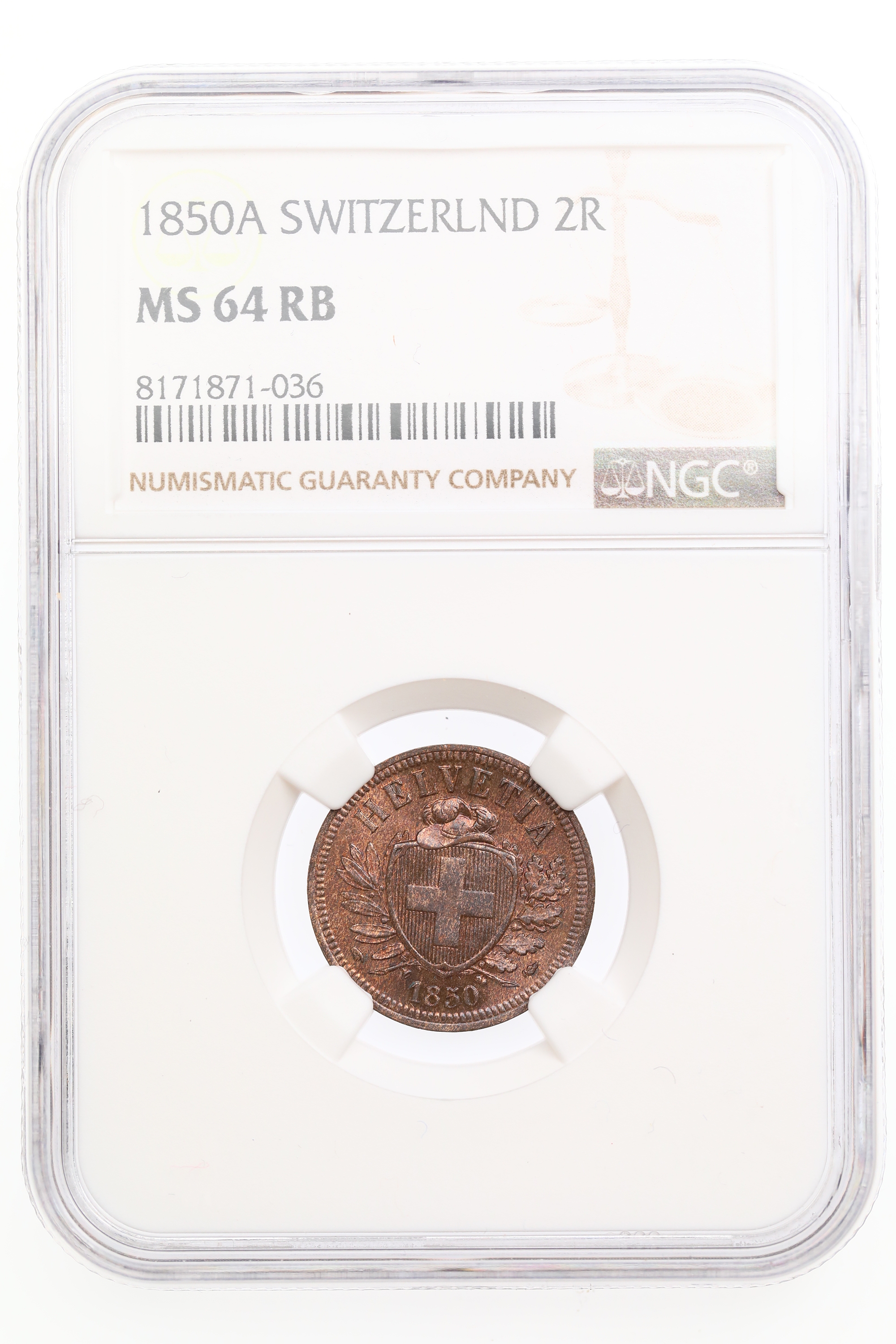 Switzerland 2 Rappen 1850 Kv: NGC MS64RB
