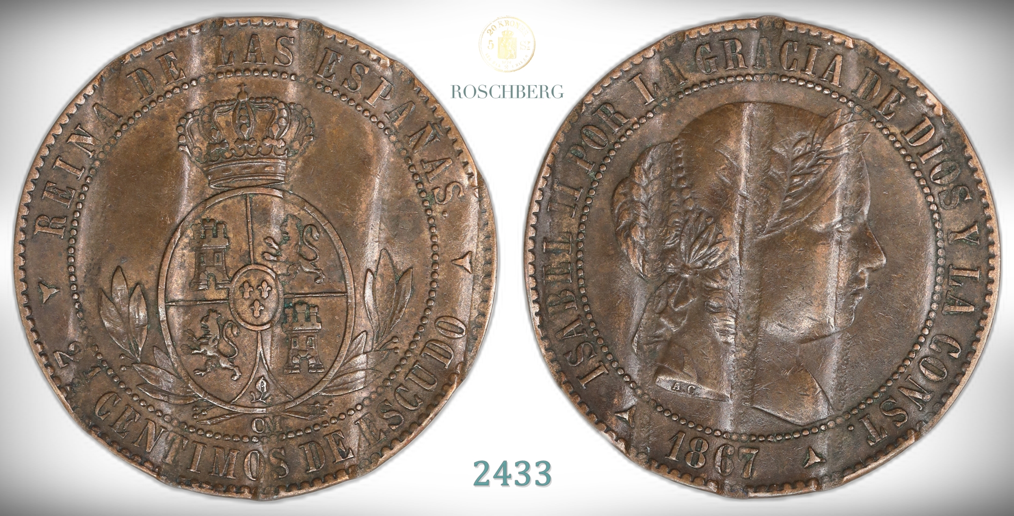 Spain 2.5 Centesimos 1867 Cancelled by Mint Kv: XF