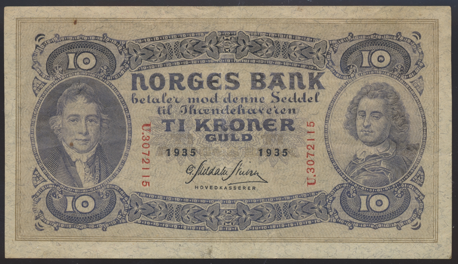 10 Kroner 1935 U Kv 1/1+, små flekker