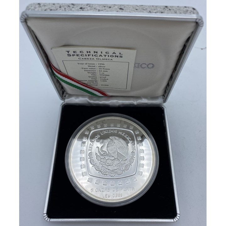 Mexico 10 Pesos 1996 Cabeza Olmeca Proof 5 Oz 999 sølv
