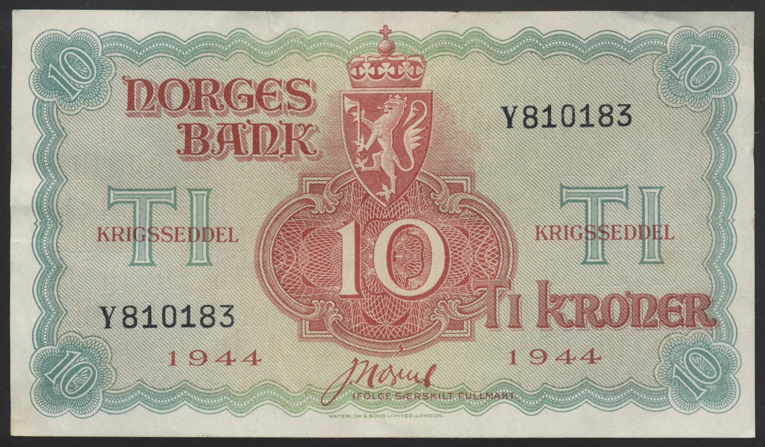 10 Kroner 1944 Y London Kv 1+ (XF)