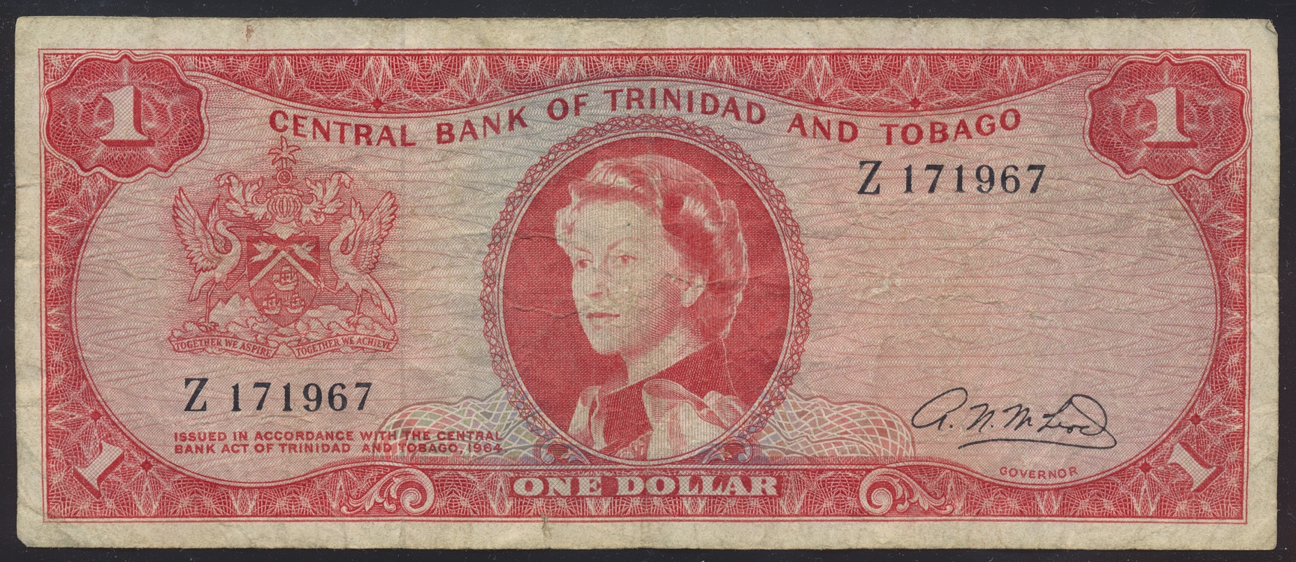 AUG26-2912 Trinidad and Tobago 1 Dollar 1964 (1966) Replacement Z-Prefix Sign Mcleod Kv: 1-/2