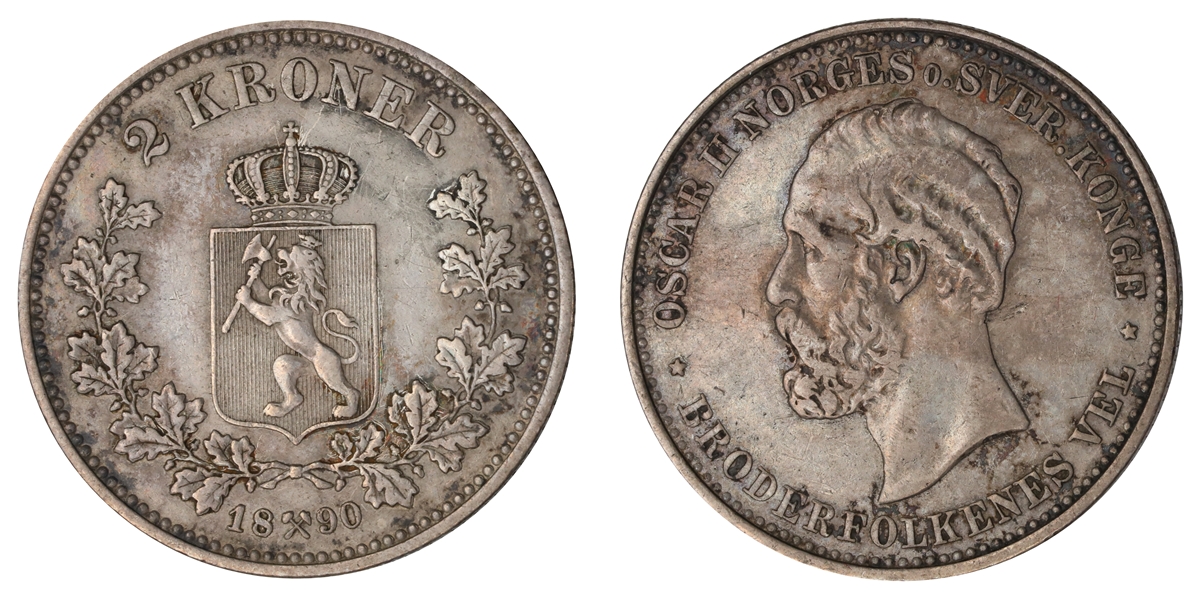 Norge 2 Kroner 1890 Kv: 1+