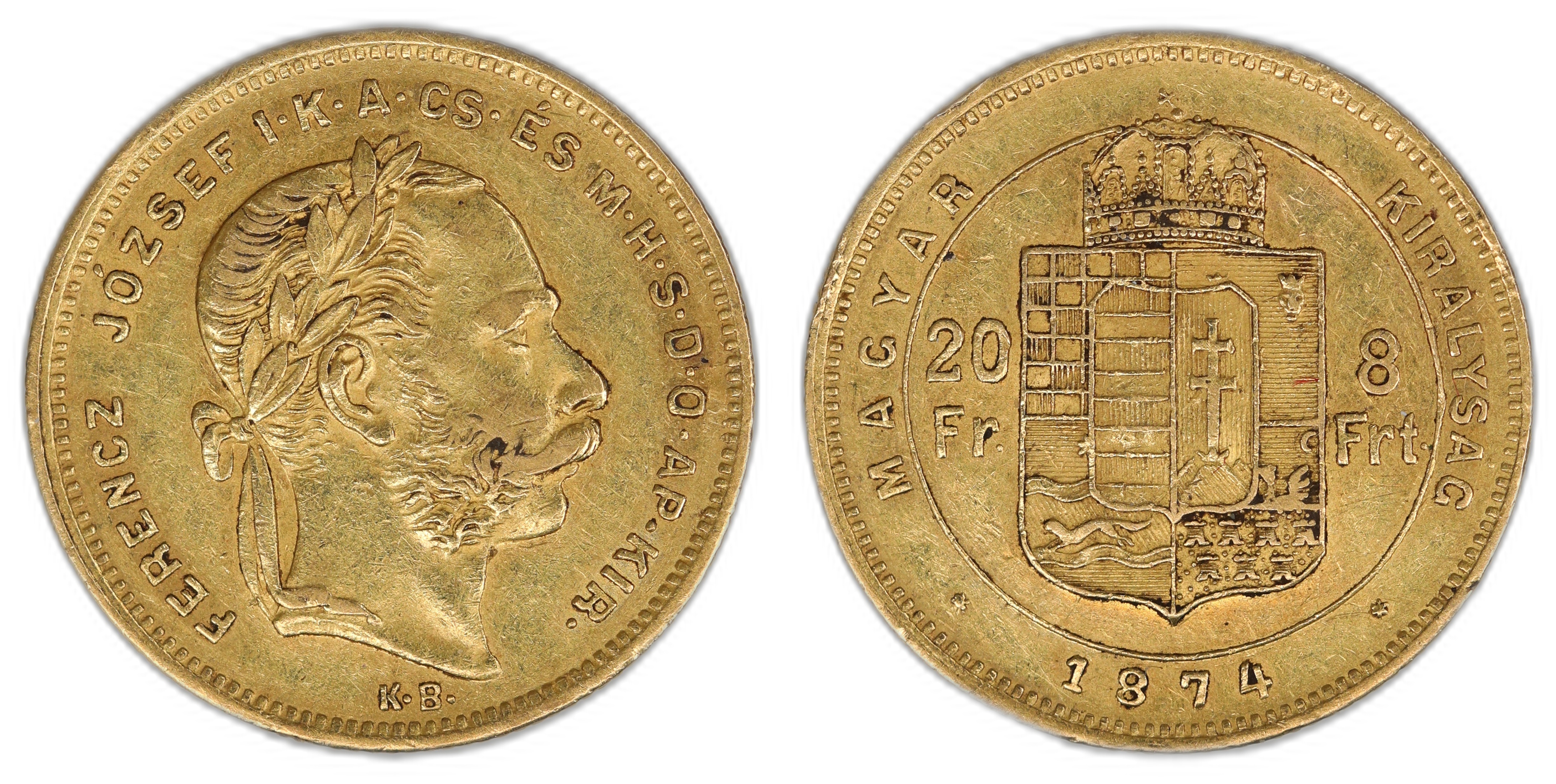 Hungary 8 Forint / 20 Francs 1874-KB  Kv: XF
