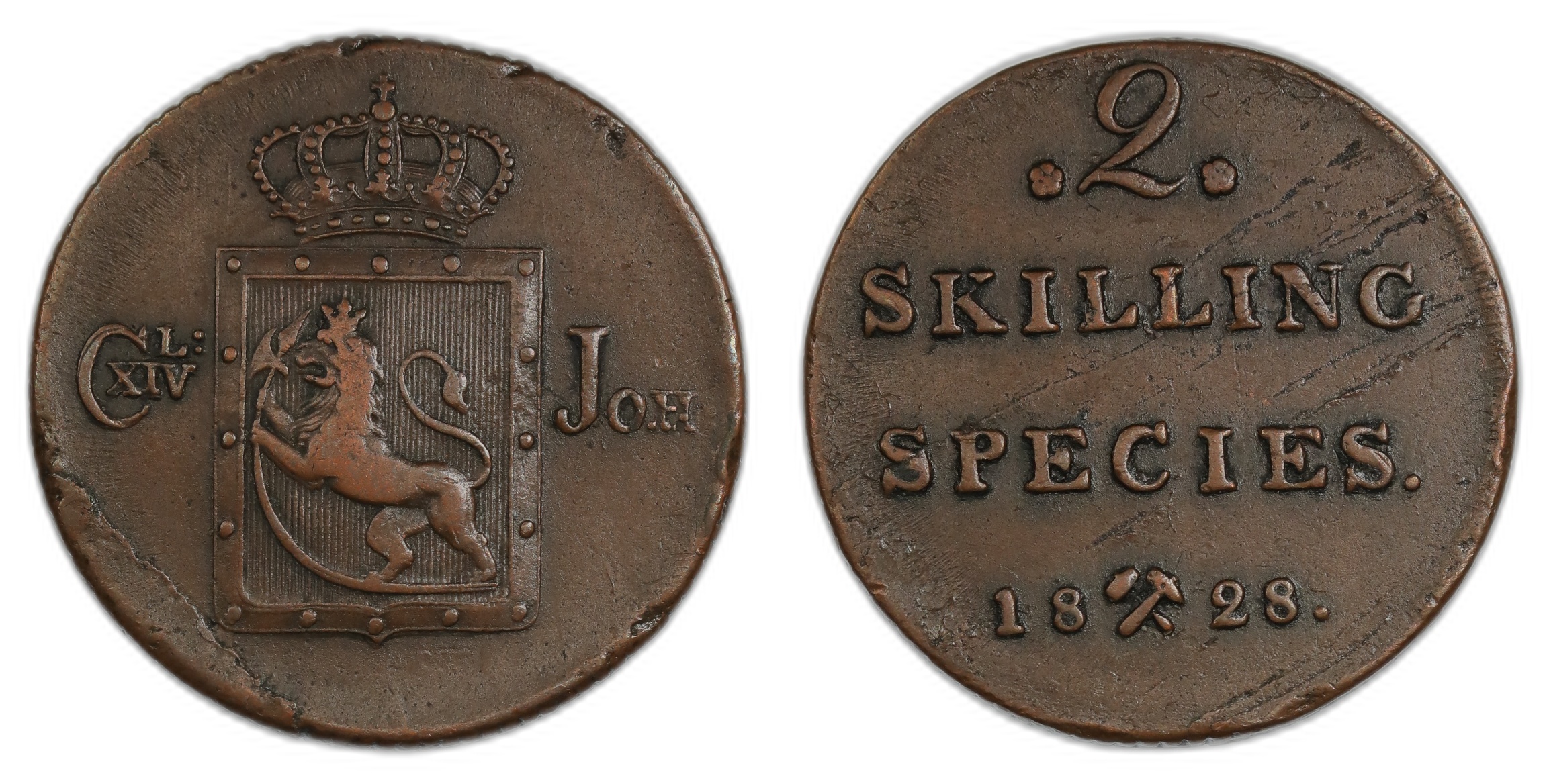 Norge 2 Skilling 1828 Kv 1+