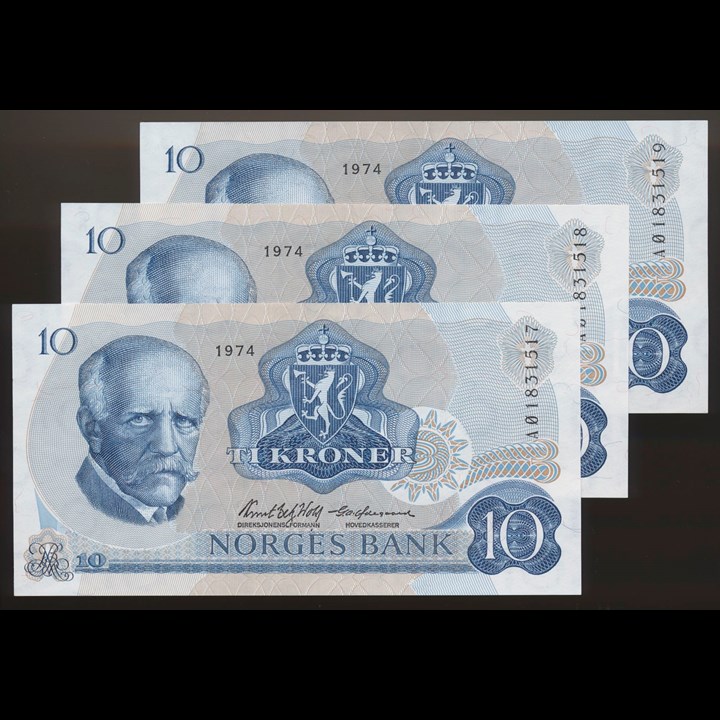 10 Kroner 1974 AØ, 3 Stk i nummerrekkefølge Kv 0