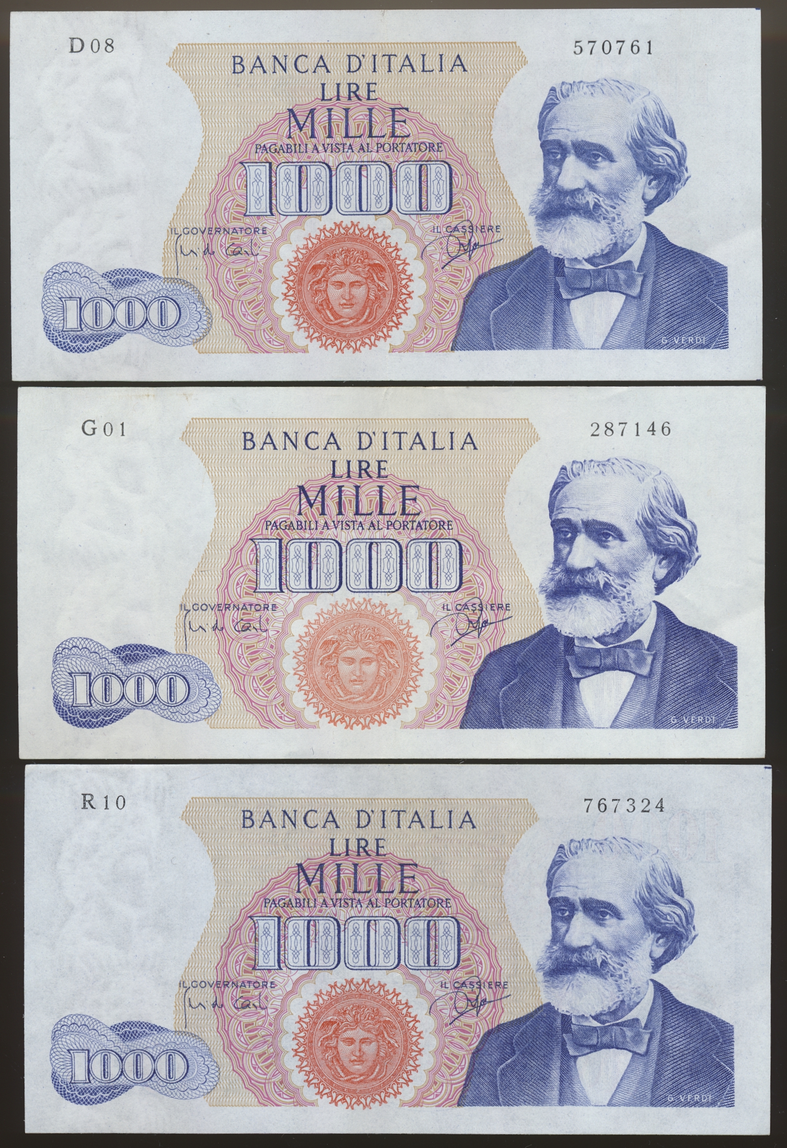 Italia 1000 Lire 1962, 3 stk. Kv AU