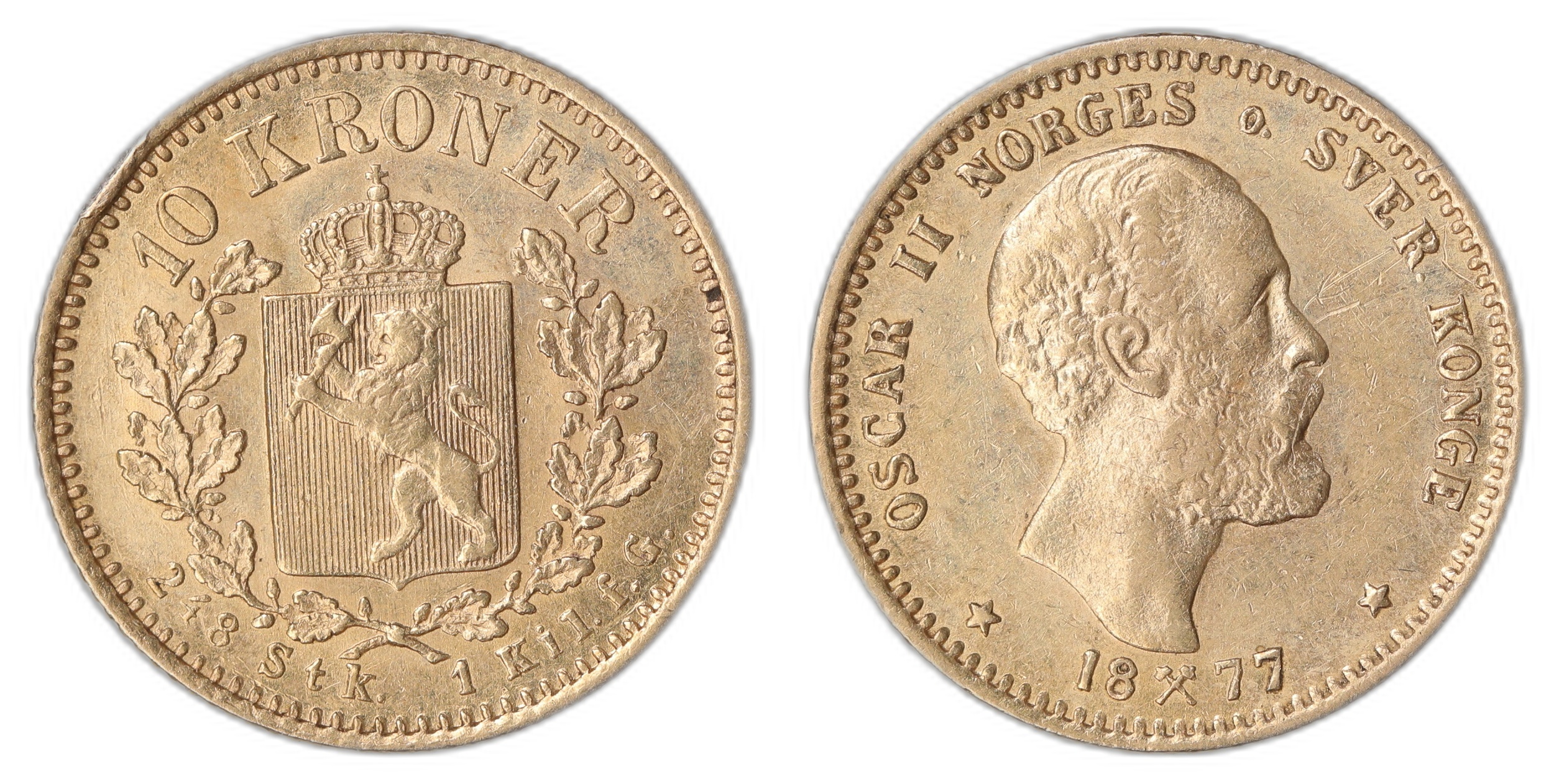 Norge 10 Kroner 1877 4.04 gr fine Kv: 01, kanthakk