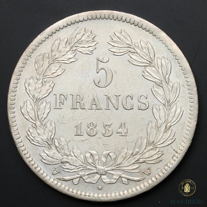 France 5 Francs 1834-W Kv UNC, Cleaned