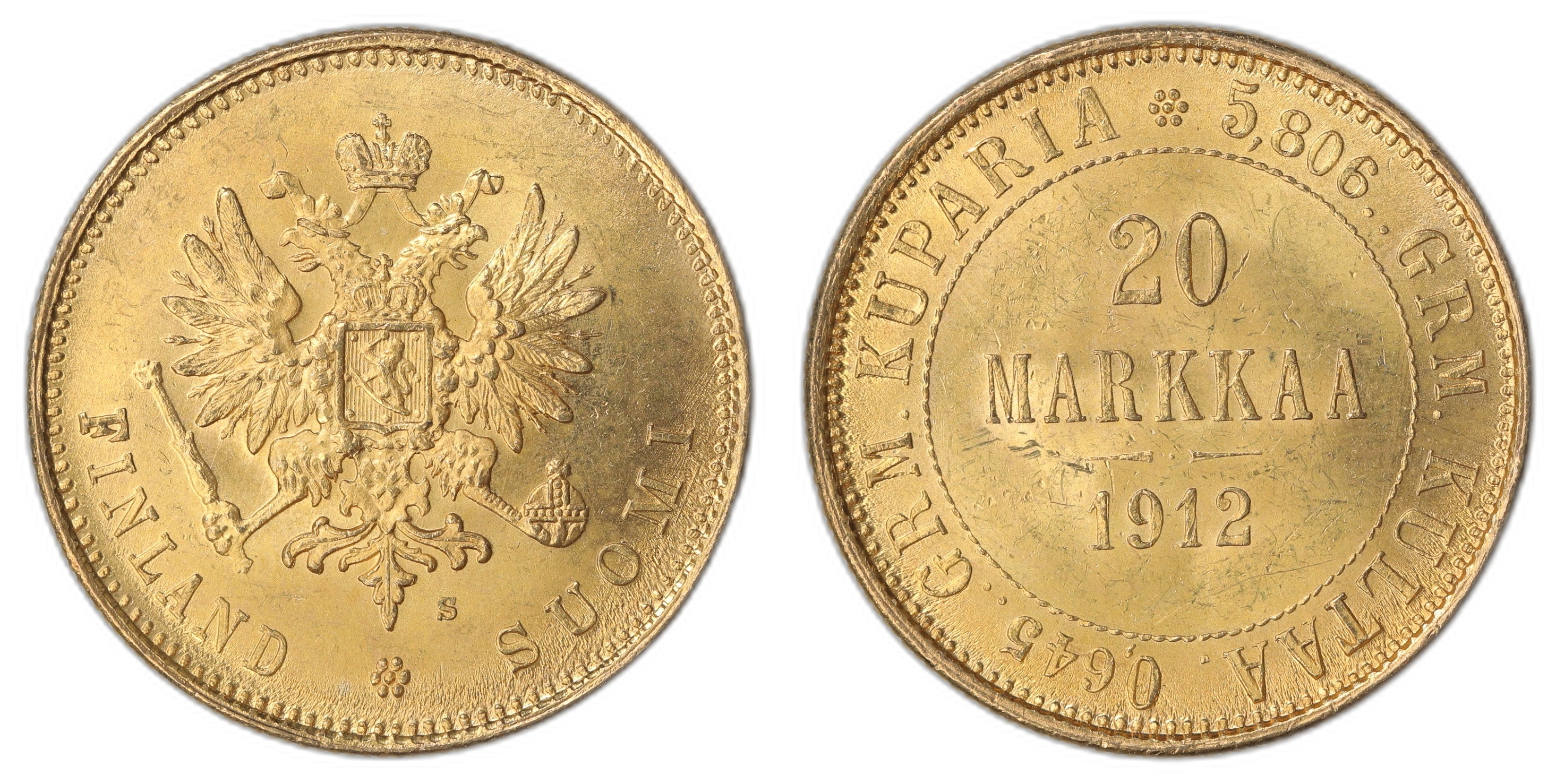 Finland 20 Markkaa 1912 5.805 gr fine Kv: UNC