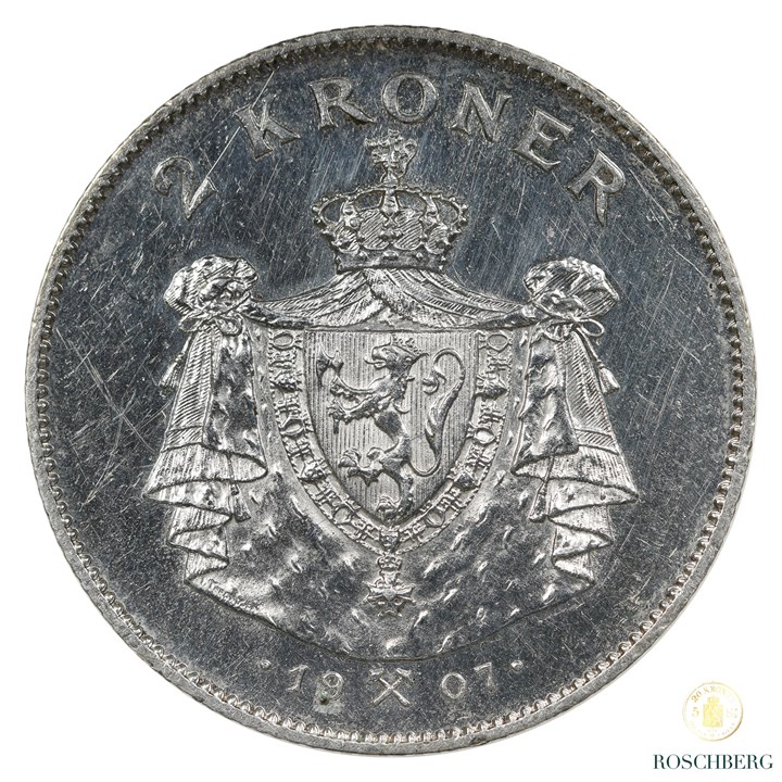 Norge 2 Kroner 1907 Gevær Kv 0/01, renset