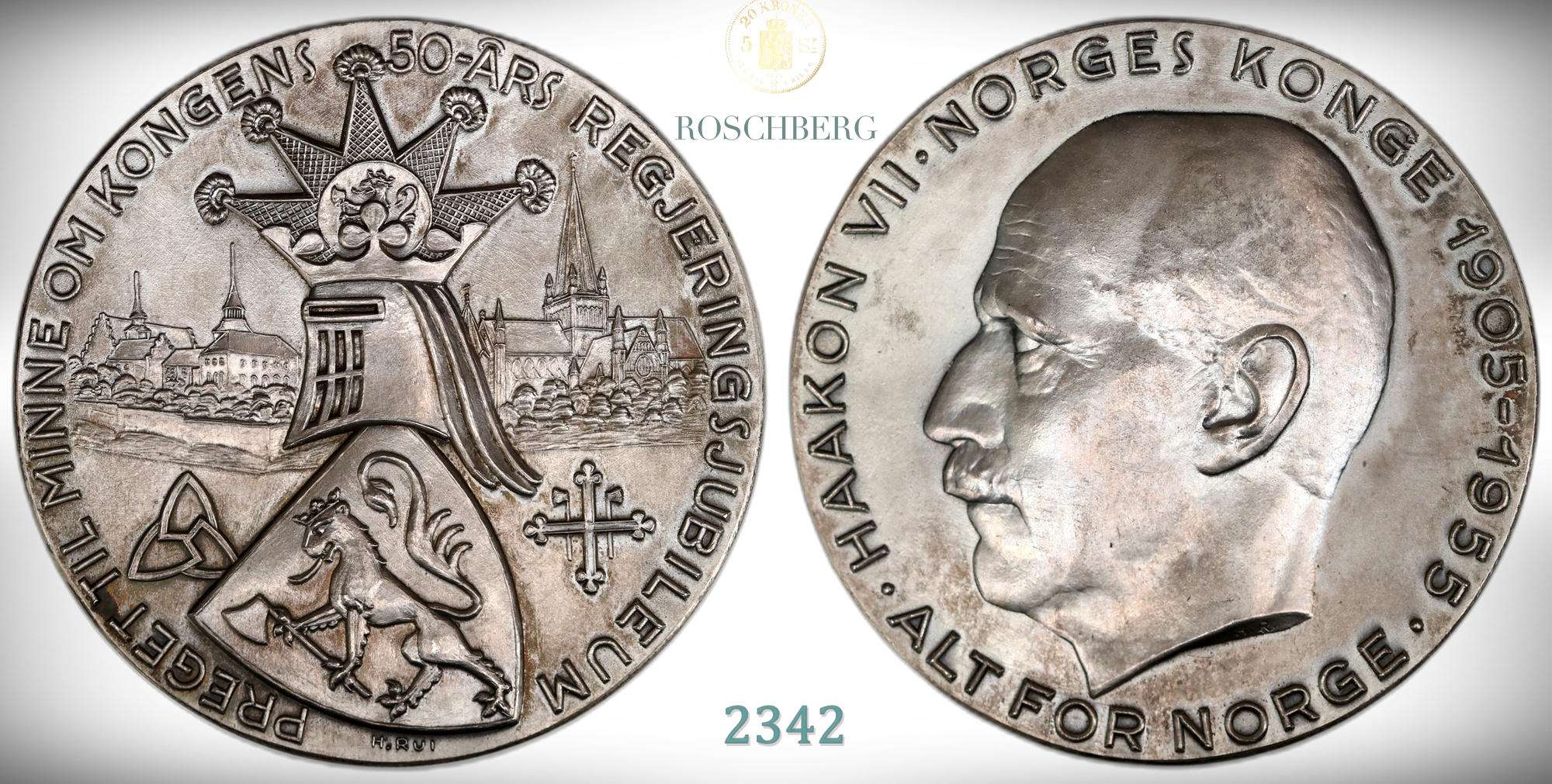 Medalje Haakon VII 1955 Sølv Kv: 0/01