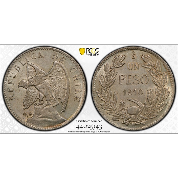 Chile 1 Peso 1910 PCGS AU58