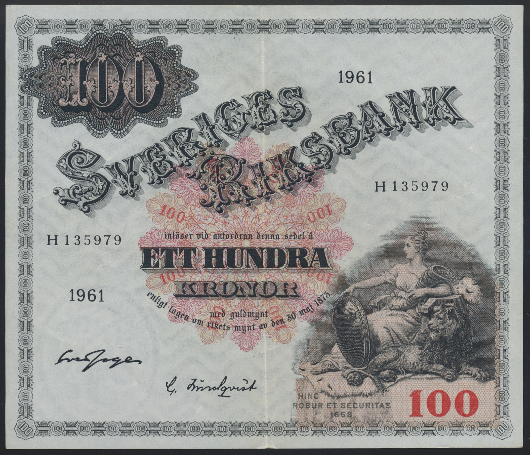 Sverige 100 Kronor 1961 H Kv 1+/01