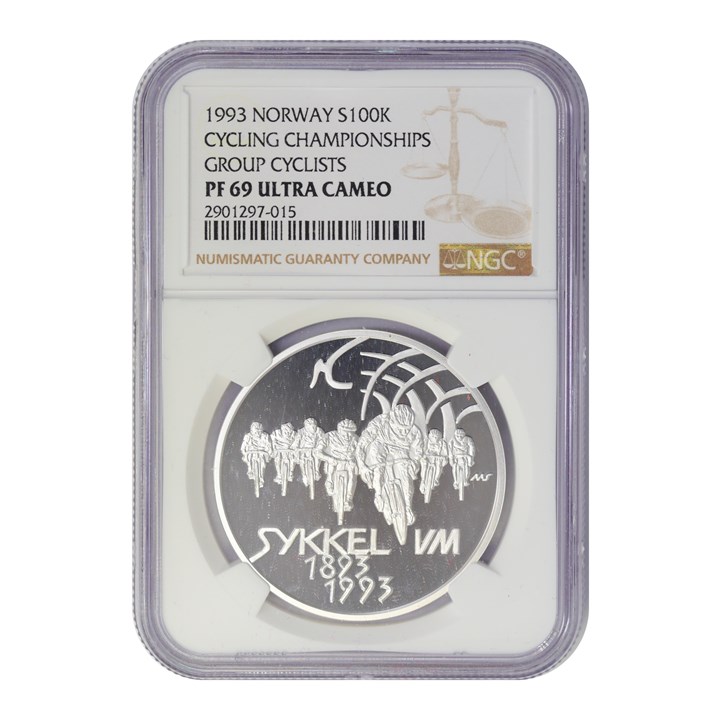 100 Kroner 1993 Cycling Championships NGC PF69UCAM