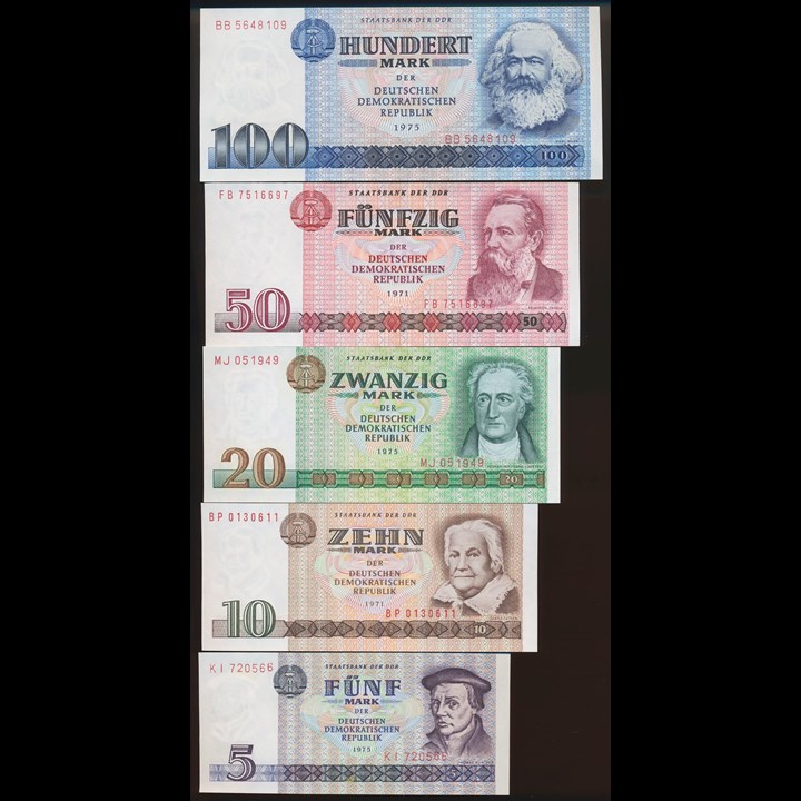 Øst-Tyskland 5, 10, 20, 50 og 100 Mark 1971-75 UNC