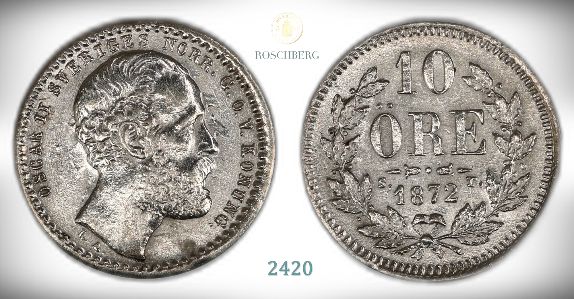 Sverige 10 Öre 1872  Kv: 01, renset