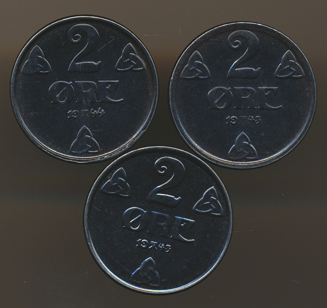 2 Øre 1943, 1944 og 1945 Kv 0