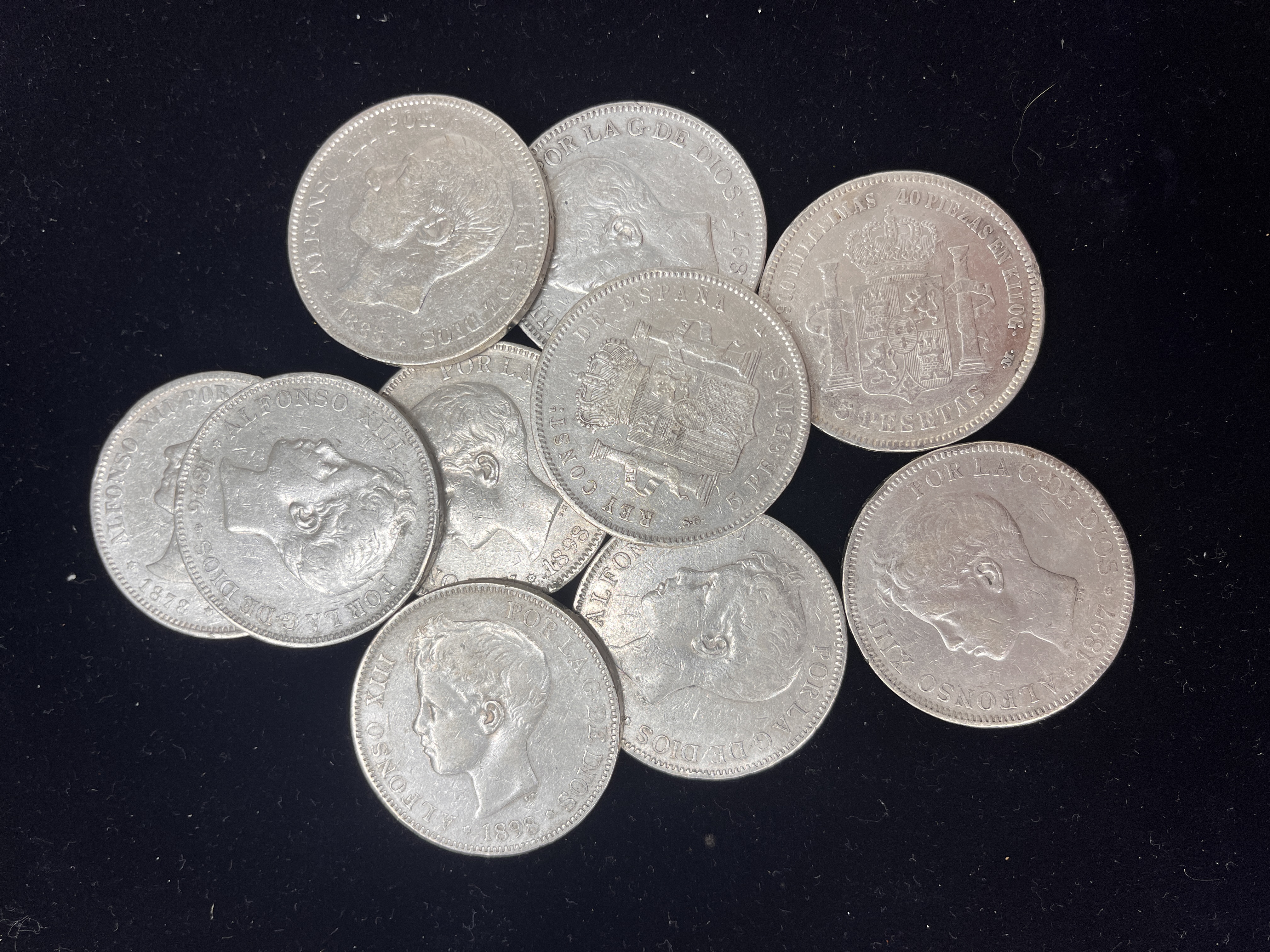 10 Stk. Spania 5 Pesetas 1895-1899