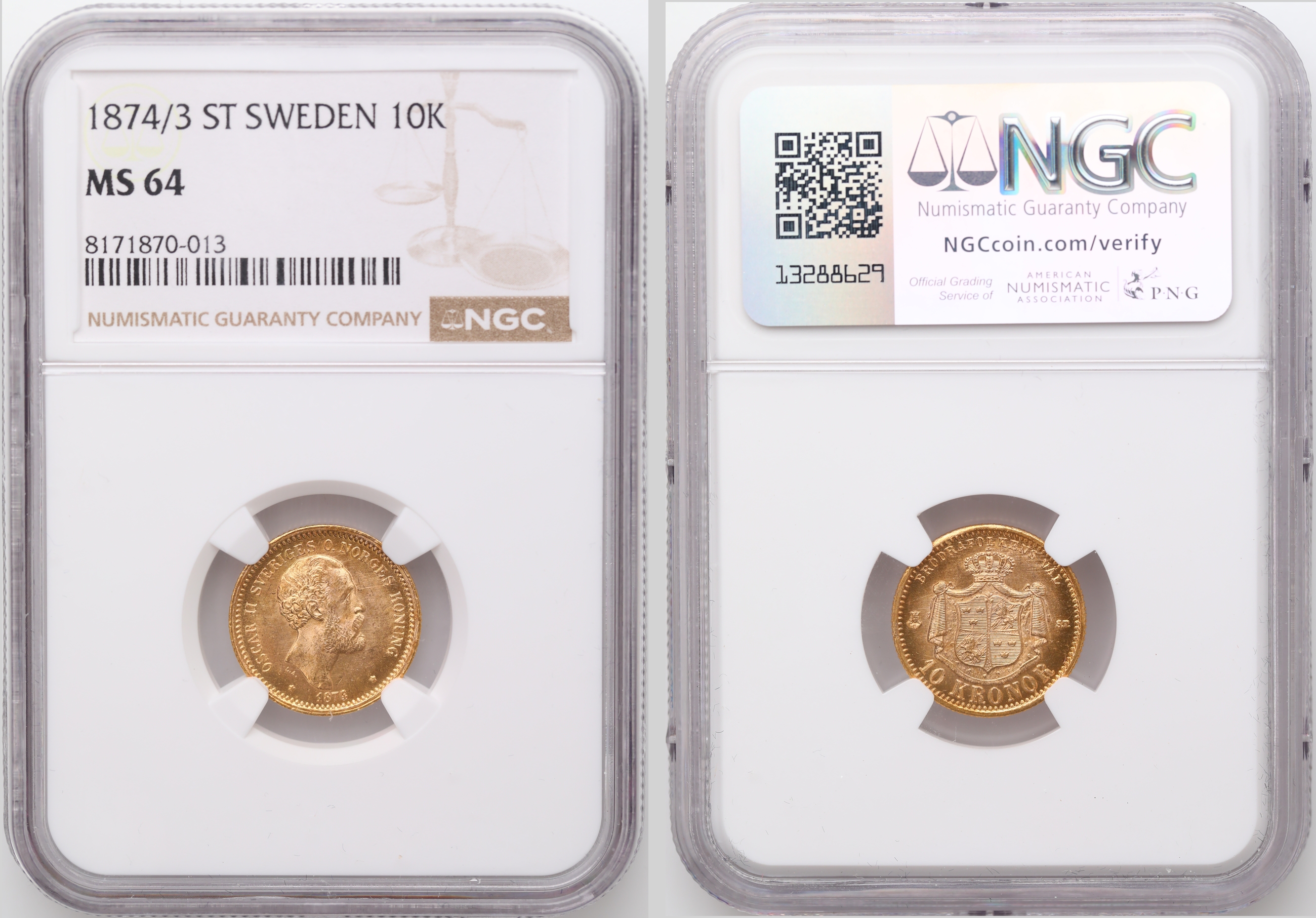 Sverige 10 Kronor 1874/3  Kv: NGC MS64